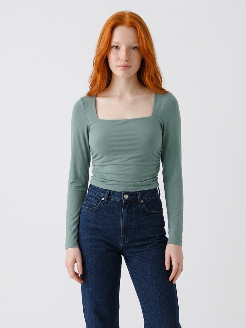 OGL Sage Green Long Sleeve Square Neck Top - Slim Fit